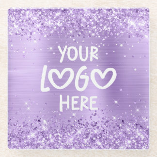 Glittery Lavender Faux Foil Business Logo Glass Coaster