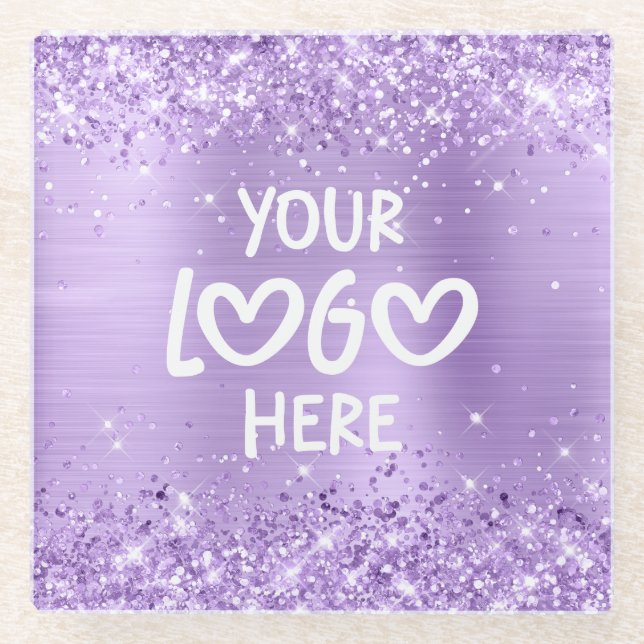Glittery Lavender Faux Foil Business Logo Glass Coaster (Front)