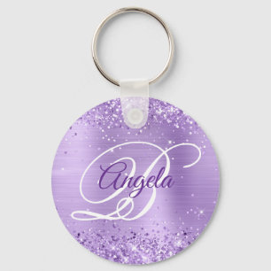 Glittery Lavender Foil Fancy Monogram Key Ring