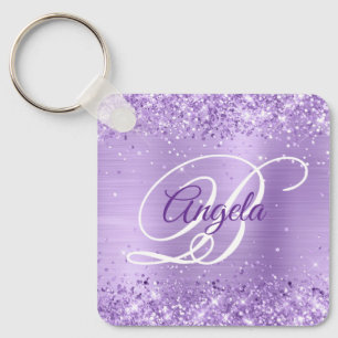 Glittery Lavender Foil Fancy Monogram Key Ring