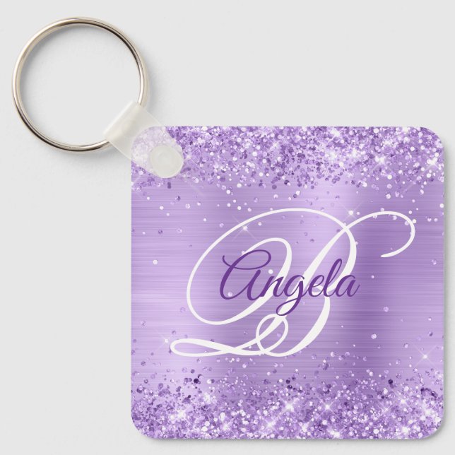 Glittery Lavender Foil Fancy Monogram Key Ring (Front)