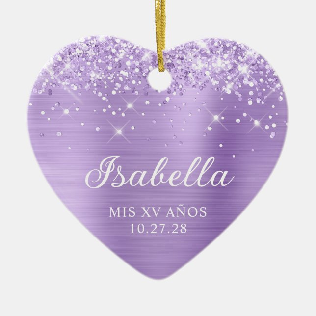 Glittery Lavender Foil Mis XV Anos Photo Ceramic Tree Decoration (Front)