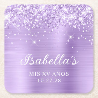 Glittery Lavender Foil Mis XV Años Square Paper Coaster