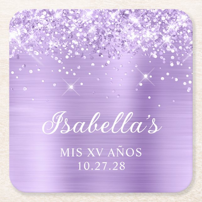 Glittery Lavender Foil Mis XV Años Square Paper Coaster (Front)