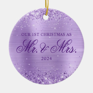 Glittery Lavender Foil Our 1st Christmas Photo Ceramic Tree Decoration