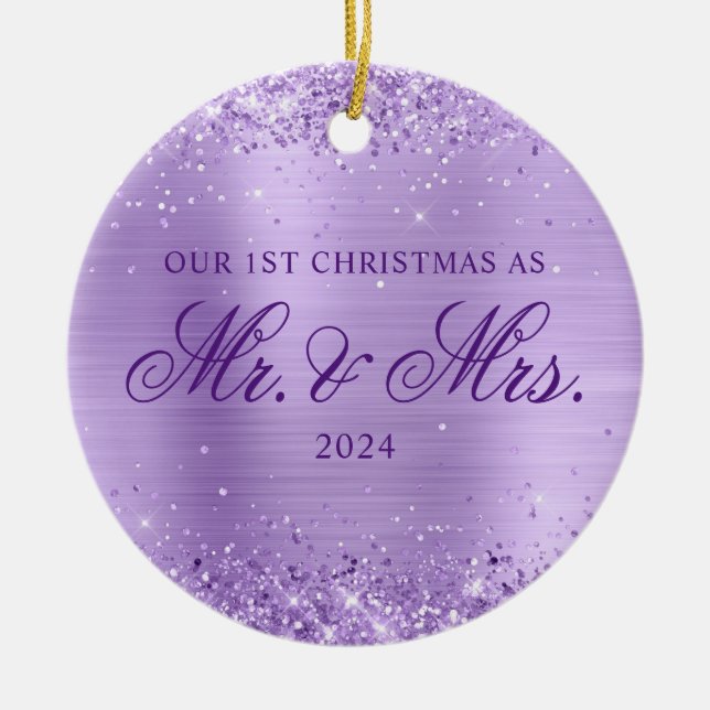 Glittery Lavender Foil Our 1st Christmas Photo Ceramic Tree Decoration (Front)