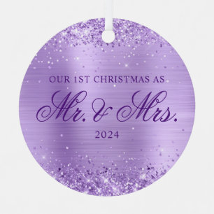 Glittery Lavender Foil Our 1st Christmas Photo Metal Tree Decoration