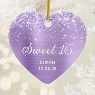 Glittery Lavender Foil Sweet 16 Photo Ceramic Tree Decoration