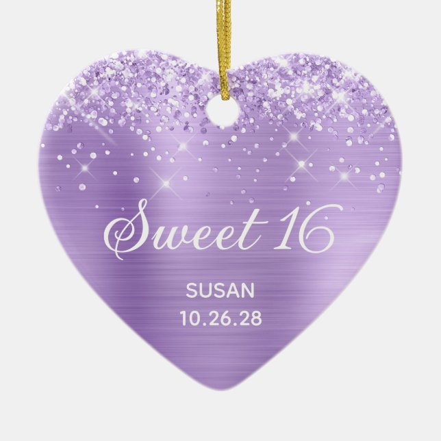 Glittery Lavender Foil Sweet 16 Photo Ceramic Tree Decoration (Front)