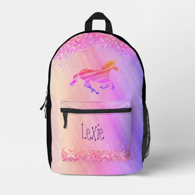 Glittery Lavender Pink Pastel Unicorn Personalised Printed Backpack (Front)