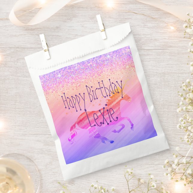 Glittery Lavender Pink Unicorn Birthday Custom Favour Bags (Clipped)