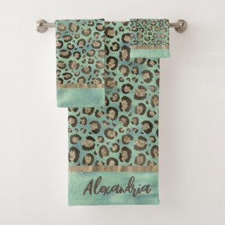 Glittery Leopard Print on Glossy Green Bath Towel Set