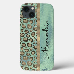 Glittery Leopard Print on Glossy Green    iPhone 13 Case