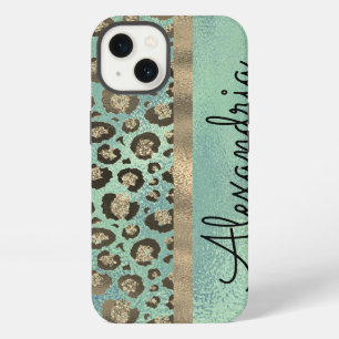 Glittery Leopard Print on Glossy Green iPhone 13 Case