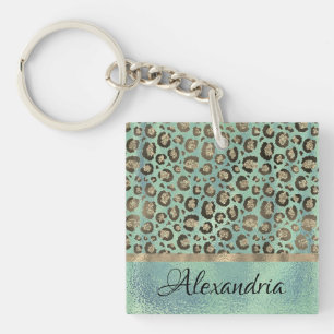 Glittery Leopard Print on Glossy Green   Keychain