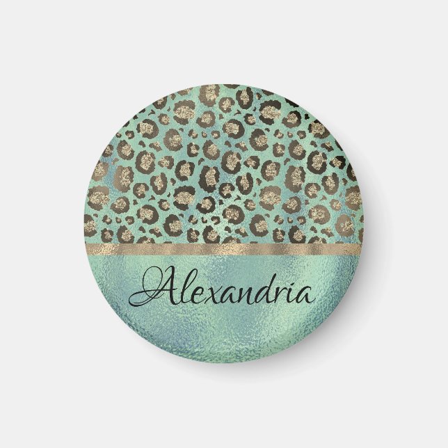 Glittery Leopard Print on Glossy Green   Magnet (Front)