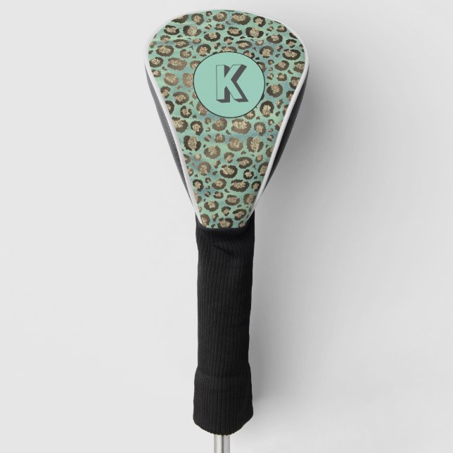 Glittery Leopard Print on Glossy Green Monogram  Golf Head Cover (Front)