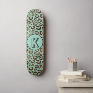 Glittery Leopard Print on Glossy Green Monogram  Skateboard