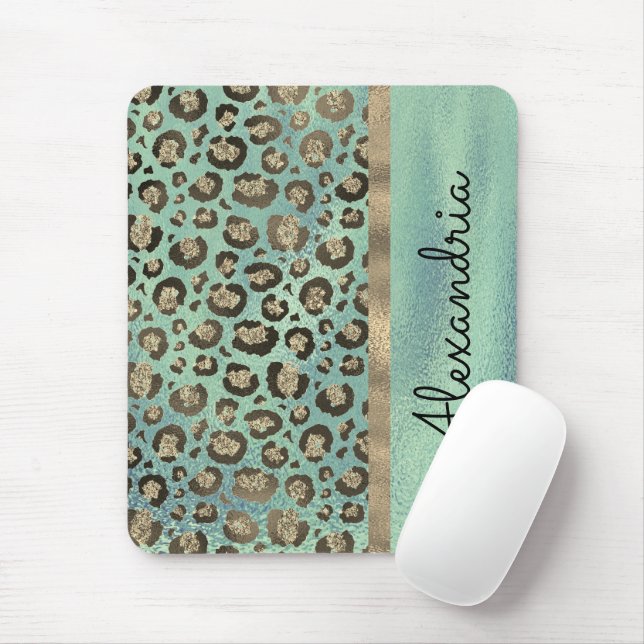 Glittery Leopard Print on Glossy Green       Mouse Mat (With Mouse)