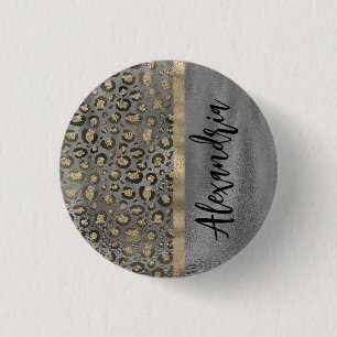 Glittery Leopard Print on Glossy Grey 3 Cm Round Badge