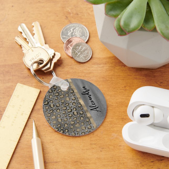 Glittery Leopard Print on Glossy Grey  Key Ring (Desk)