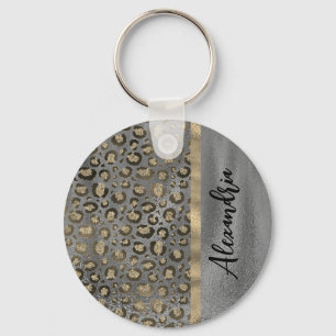 Glittery Leopard Print on Glossy Grey Key Ring