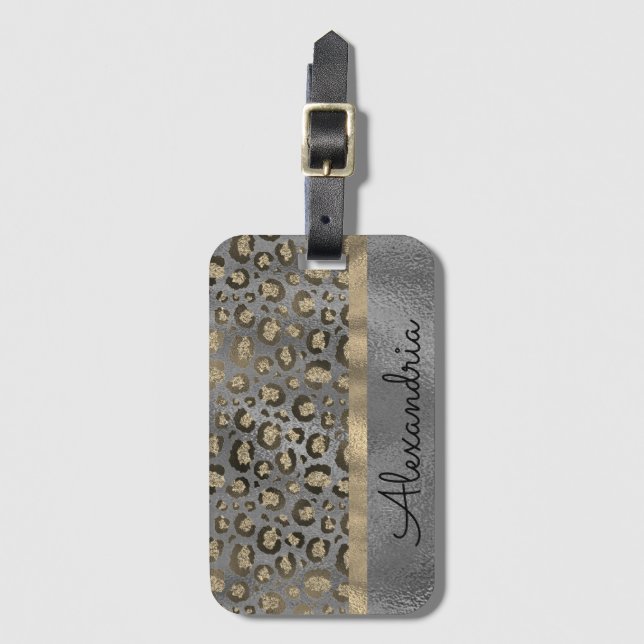 Glittery Leopard Print on Glossy Grey  Luggage Tag (Front Vertical)