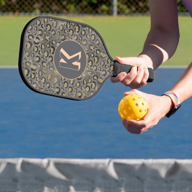 Glittery Leopard Print on Glossy Grey Monogram Pickleball Paddle (Insitu)