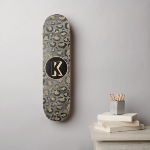Glittery Leopard Print on Glossy Grey Monogram Skateboard