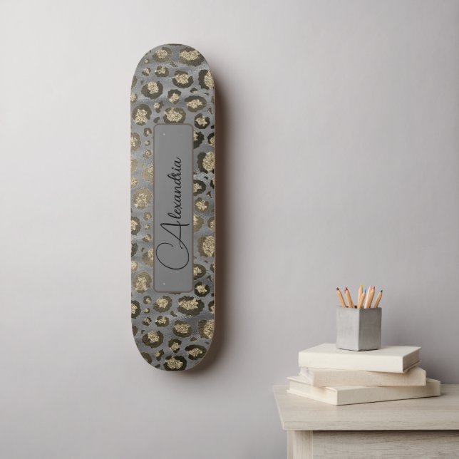 Glittery Leopard Print on Glossy Grey Personalized Skateboard (Wall Art)