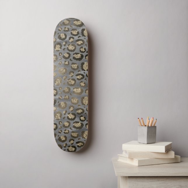 Glittery Leopard Print on Glossy Grey  Skateboard (Wall Art)