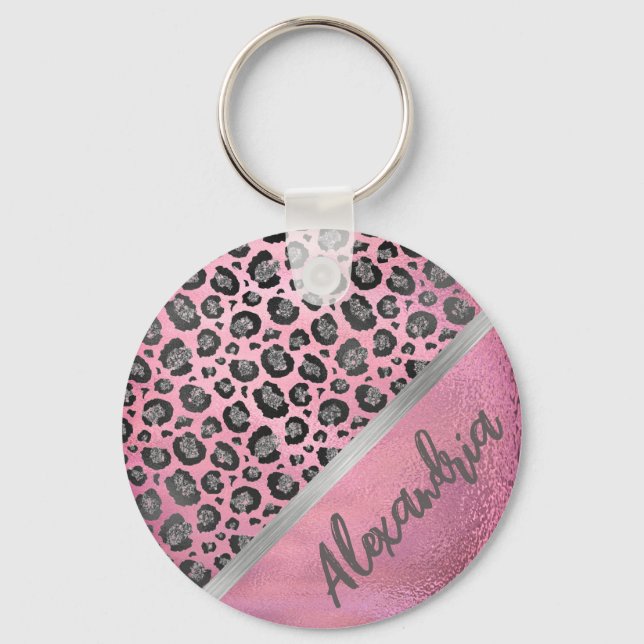 Glittery Leopard Print on Glossy Hot Pink    Key Ring (Front)