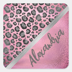 Glittery Leopard Print on Glossy Hot Pink   Square Sticker