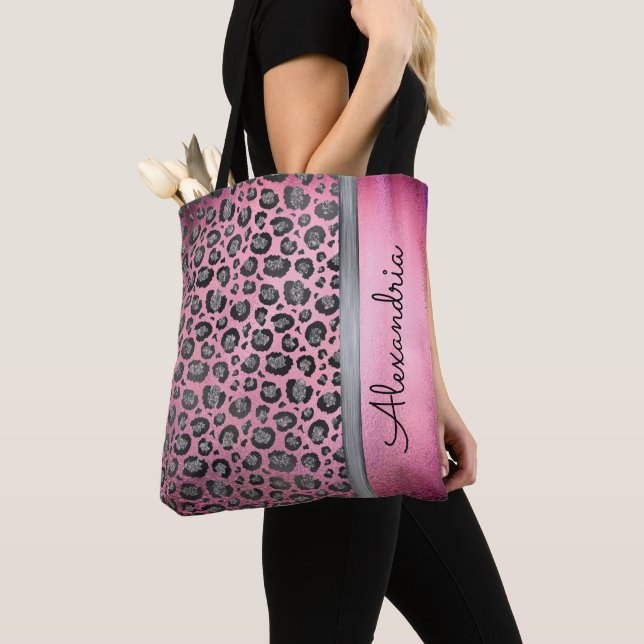 Glittery Leopard Print on Glossy Hot Pink  Tote Bag (Close Up)