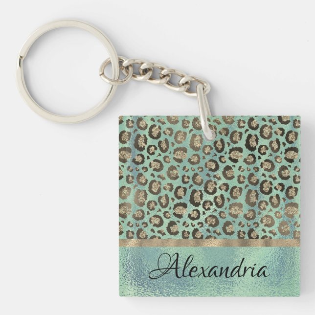 Glittery Leopard Print on Green Personalised Key Ring (Front)