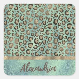 Glittery Leopard Print on Green Personalised Square Sticker