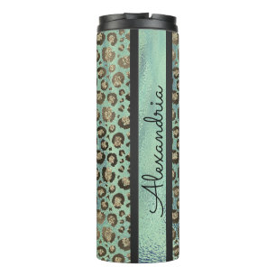 Glittery Leopard Print on  Green Personalised Thermal Tumbler