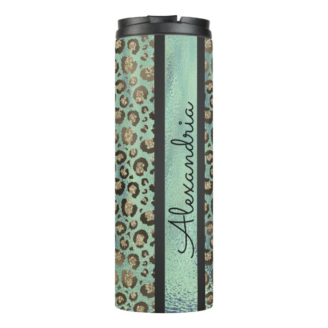 Glittery Leopard Print on  Green Personalised Thermal Tumbler (Back)