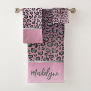 Glittery Leopard Print on Hot Pink Bath Towel Set