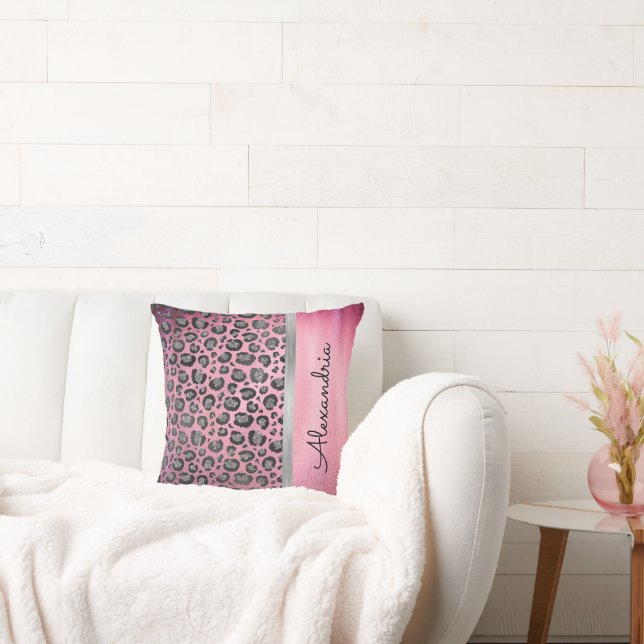 Glittery Leopard Print on Hot Pink Personalised  Cushion (Couch)