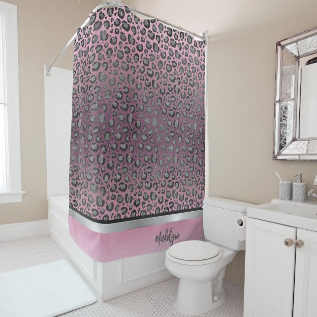 Glittery Leopard Print on Hot Pink Shower Curtain (In Situ)