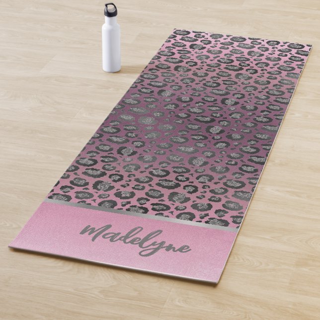 Glittery Leopard Print on Pink Personalised Yoga Mat (In Situ)