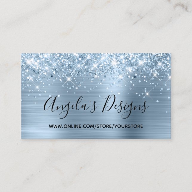 Glittery Light Blue Faux Foil Online Store Business Card (Front)