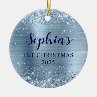 Glittery Light Blue Foil 1st Christmas Photo Ceramic Tree Decoration