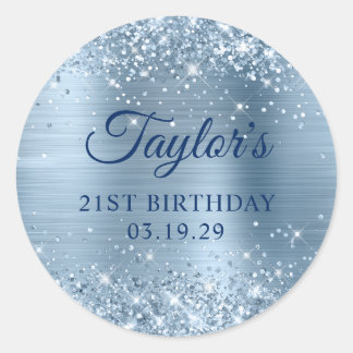 Glittery Light Blue Foil 21st Birthday Classic Round Sticker