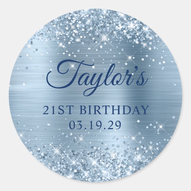 Glittery Light Blue Foil 21st Birthday Classic Round Sticker (Front)