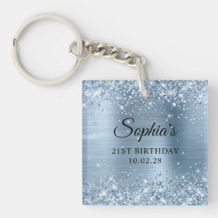 Glittery Light Blue Foil 21st Birthday Photo Key Ring