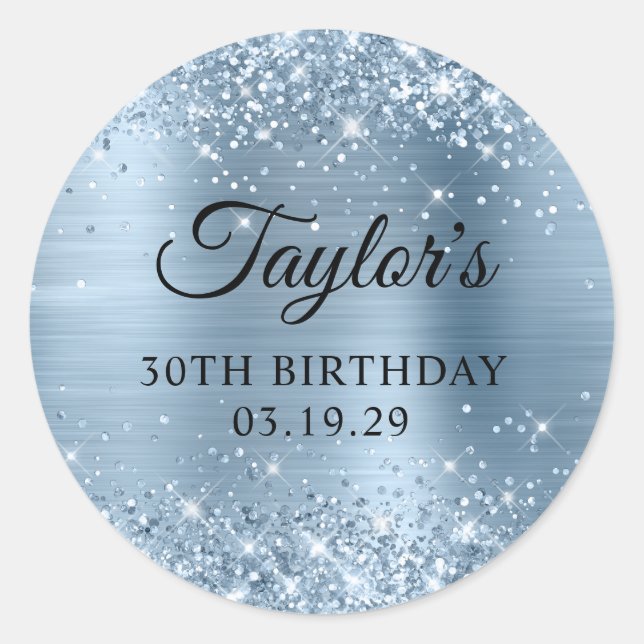 Glittery Light Blue Foil 30th Birthday Classic Round Sticker (Front)