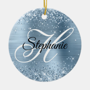 Glittery Light Blue Foil Fancy Monogram Ceramic Tree Decoration