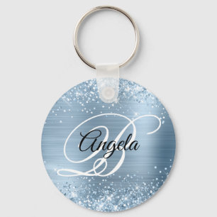 Glittery Light Blue Foil Fancy Monogram Key Ring